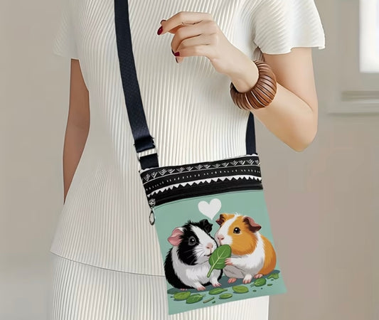 Guinea Pig Crossbody Bag featuring 2 cute Guinea Pigs eating a spinach leaf