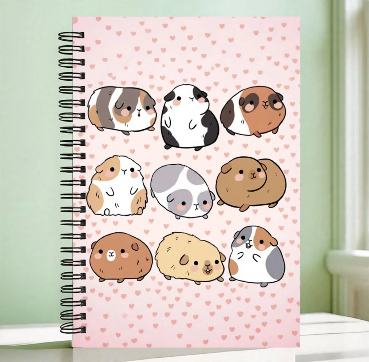 Notebook with a cute guinea pig design and a background of hearts