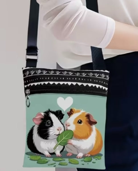 Guinea Pig Crossbody Bag featuring 2 cute Guinea Pigs eating a spinach leaf