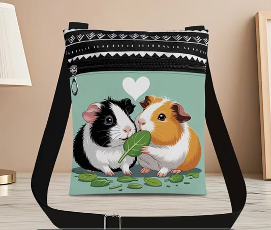 Guinea Pig Crossbody Bag featuring 2 cute Guinea Pigs eating a spinach leaf